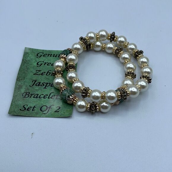 Artisan made set of 2 green zebra Jasper stretchy bracelets - Picture 1 of 7